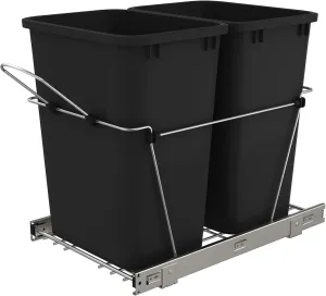 Rev-A-Shelf Double Pullout Trash Can for Kitchen Cabinets 35 Qt Garbage Recycling Bin on Full Extension Slides, Black, RV-18KD-18C S