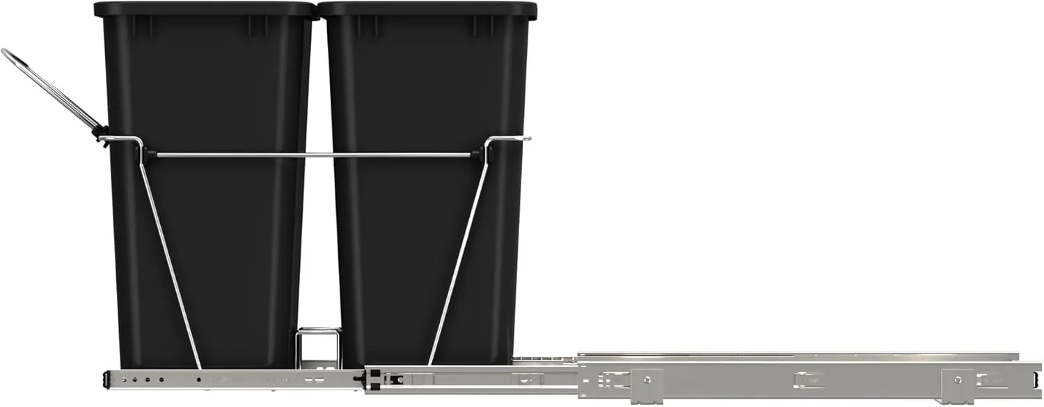Rev-A-Shelf Double Pullout Trash Can for Kitchen Cabinets 35 Qt Garbage Recycling Bin on Full Extension Slides, Black, RV-18KD-18C S