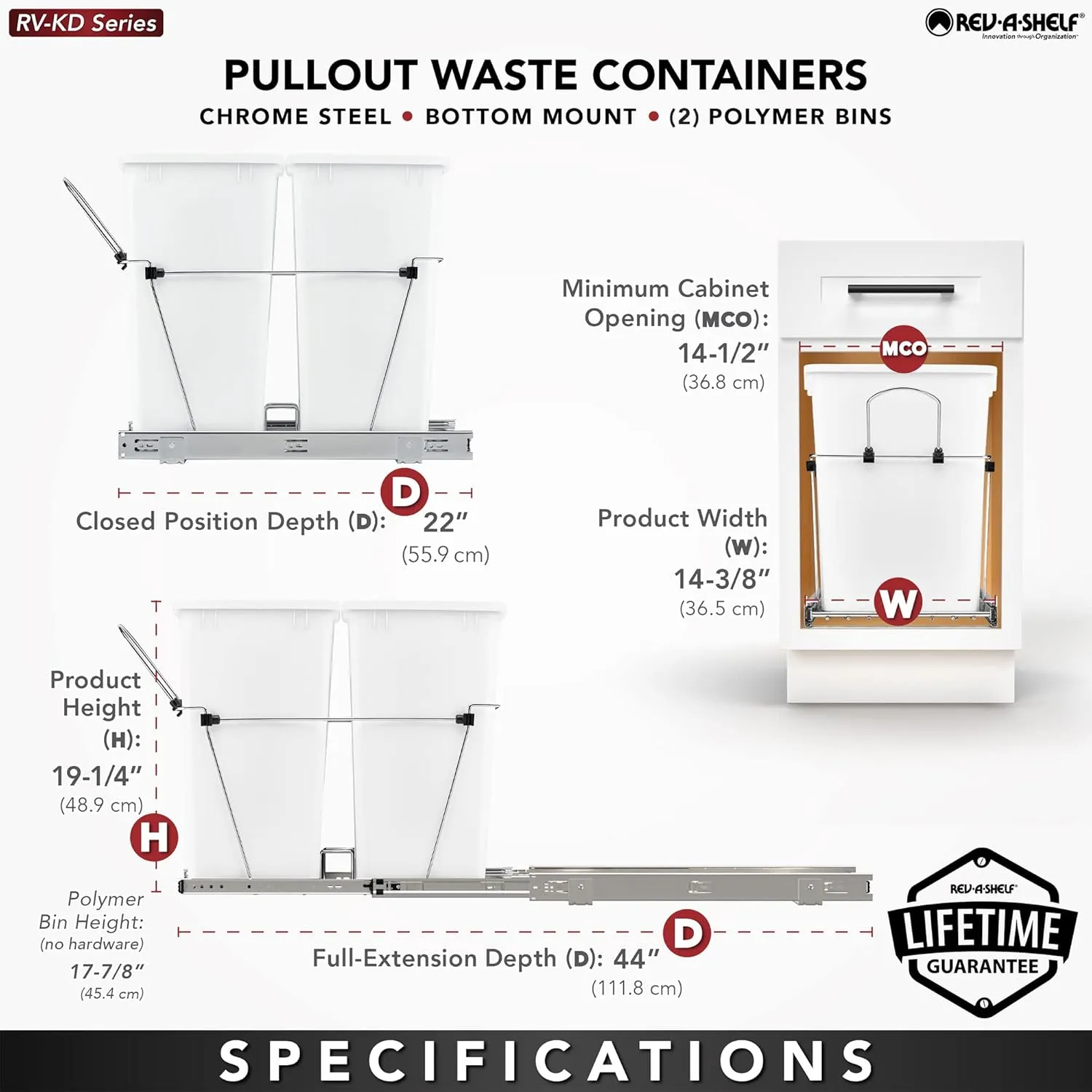 Rev-A-Shelf Double Pullout Trash Can for Kitchen Cabinets 35 Qt Garbage Recycling Bin on Full Extension Slides, Black, RV-18KD-18C S