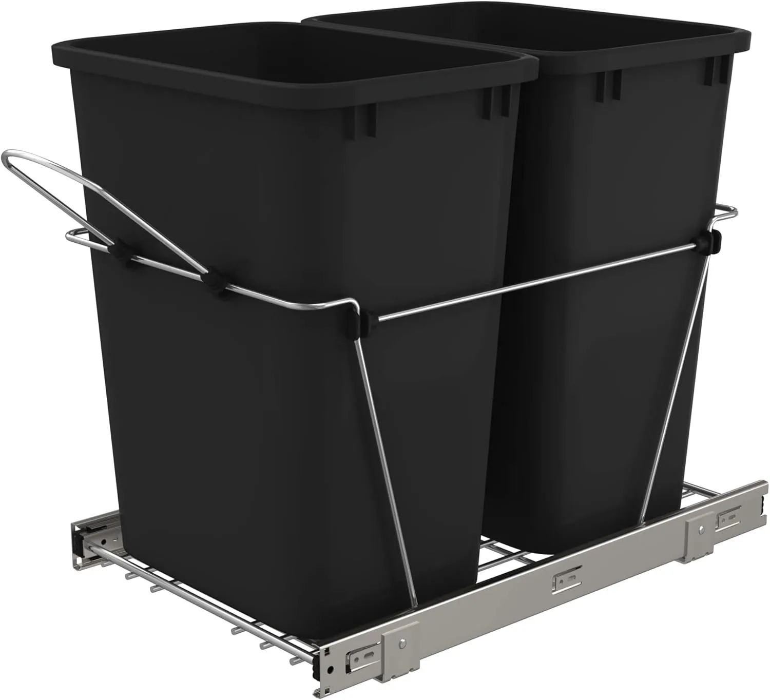 Rev-A-Shelf Double Pullout Trash Can for Kitchen Cabinets 35 Qt Garbage Recycling Bin on Full Extension Slides, Black, RV-18KD-18C S