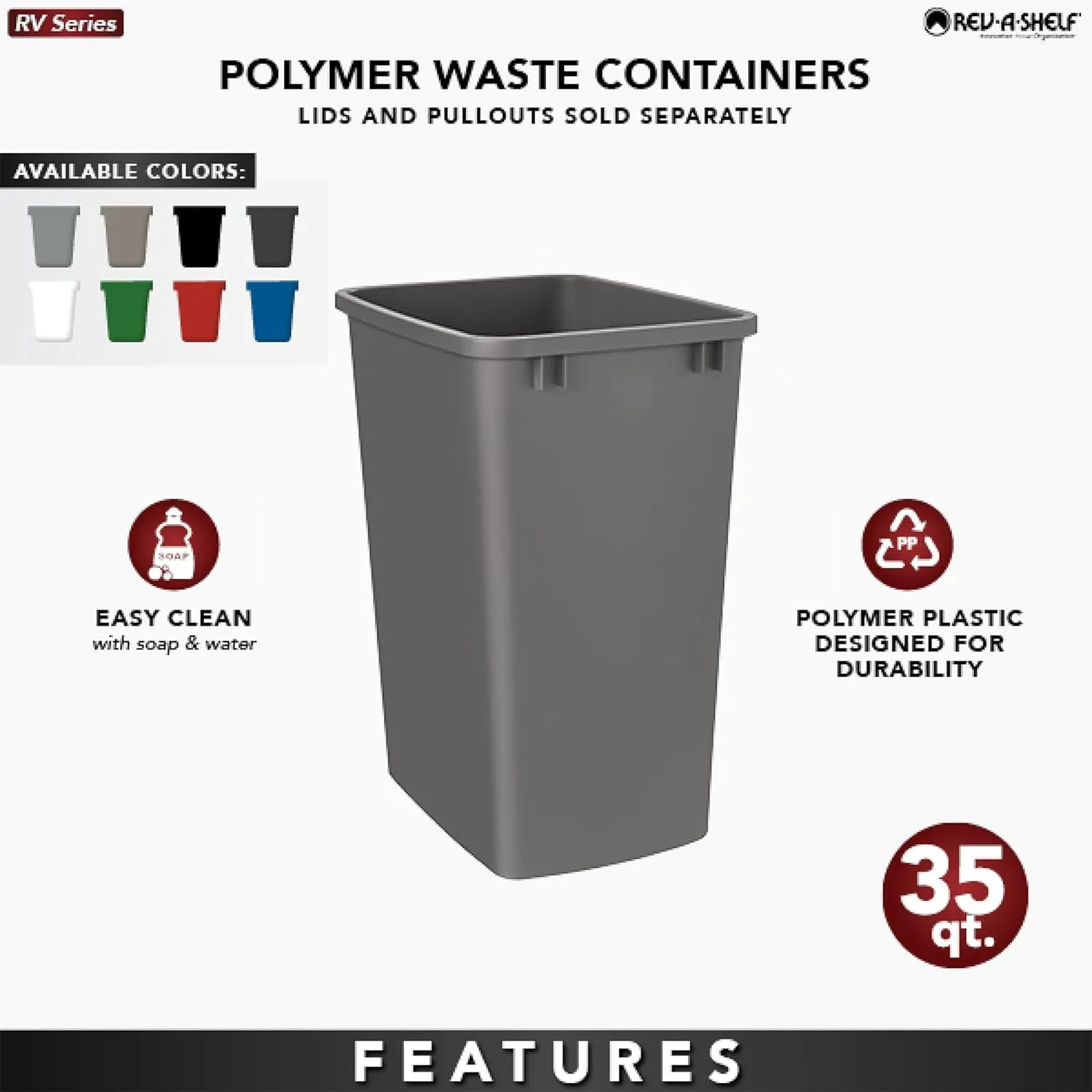 Rev-A-Shelf Polymer Replacement 35 Quart Trash Bin Recycle Waste Garbage Container for Kitchen Cabinet Pullouts, Black, 2 Pack, RV-35-18-2