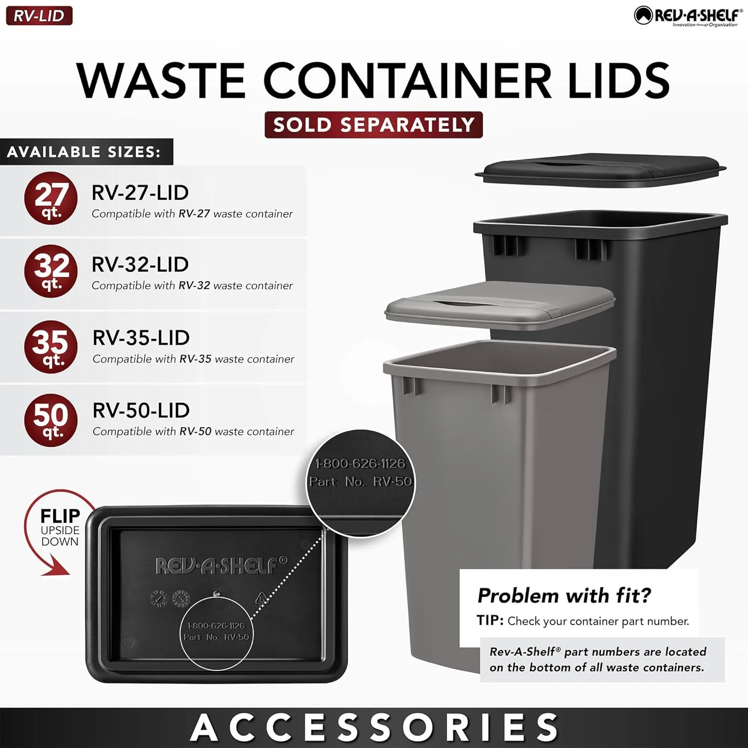 Rev-A-Shelf Polymer Replacement 35 Quart Trash Bin Recycle Waste Garbage Container for Kitchen Cabinet Pullouts, Black, 2 Pack, RV-35-18-2