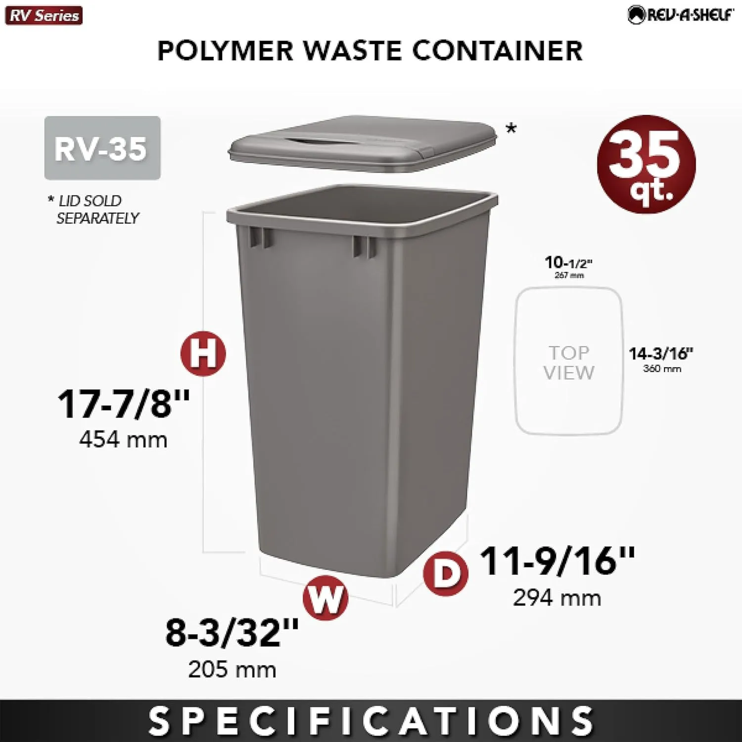 Rev-A-Shelf Polymer Replacement 35 Quart Trash Bin Recycle Waste Garbage Container for Kitchen Cabinet Pullouts, Black, 2 Pack, RV-35-18-2