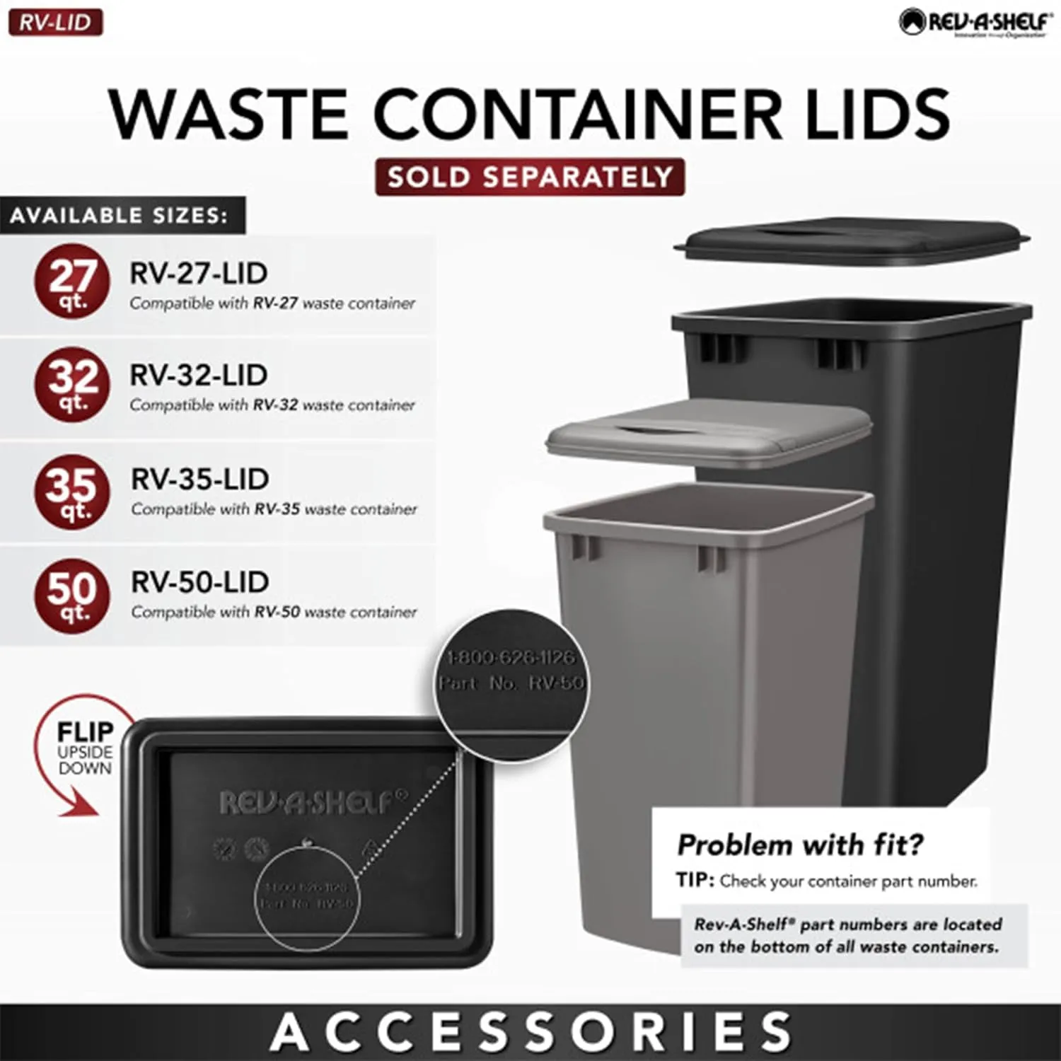Rev-A-Shelf Polymer Replacement 35 Quart Trash Bin Recycle Waste Garbage Container for Kitchen Cabinet Pullouts, Gray, 2 Pack, RV-35-13-2
