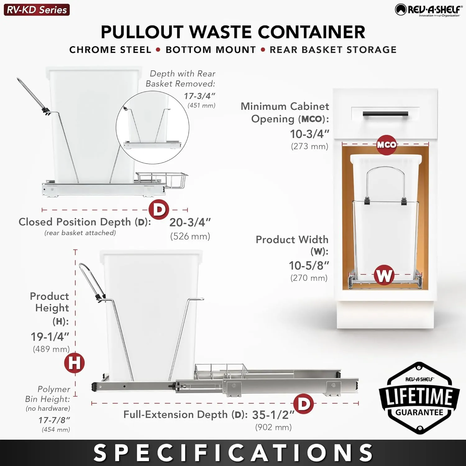 Rev-A-Shelf Pullout Trash Can for Kitchen Cabinets 35 Qt Garbage Waste Recycling Bin with Full Extension Slides, Black, RV-12KD-18C S