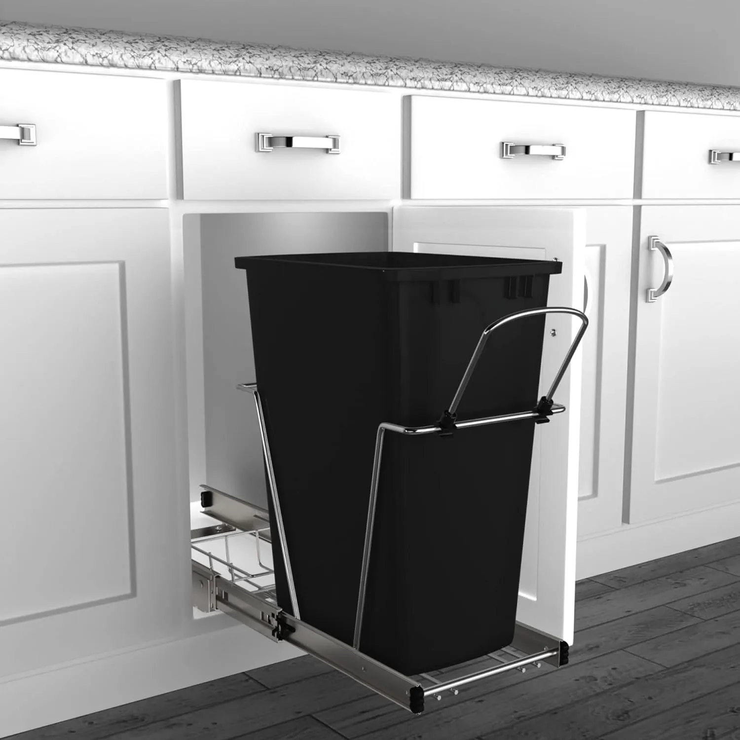 Rev-A-Shelf Pullout Trash Can for Kitchen Cabinets 35 Qt Garbage Waste Recycling Bin with Full Extension Slides, Black, RV-12KD-18C S