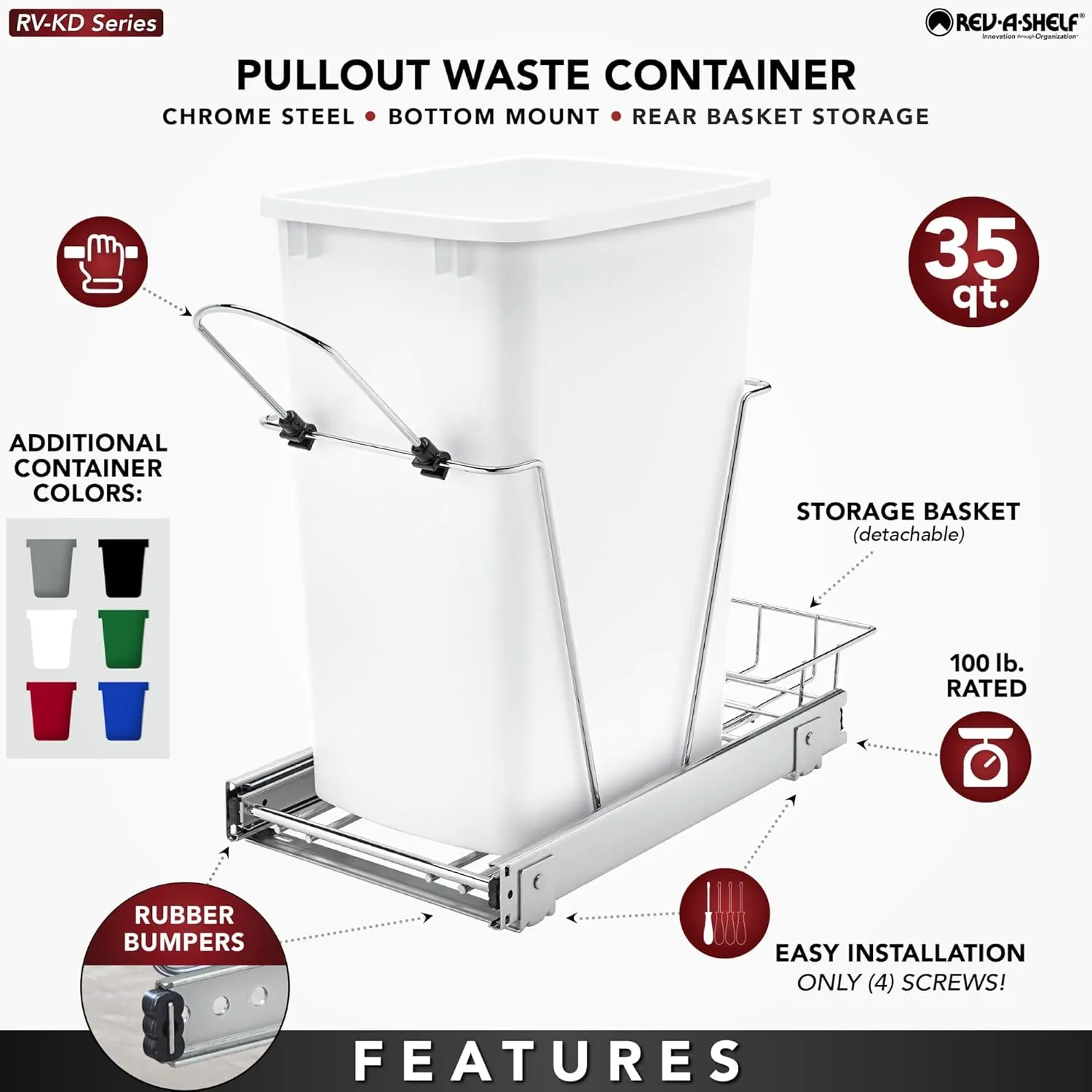 Rev-A-Shelf Pullout Trash Can for Kitchen Cabinets 35 Qt Garbage Waste Recycling Bin with Full Extension Slides, Black, RV-12KD-18C S