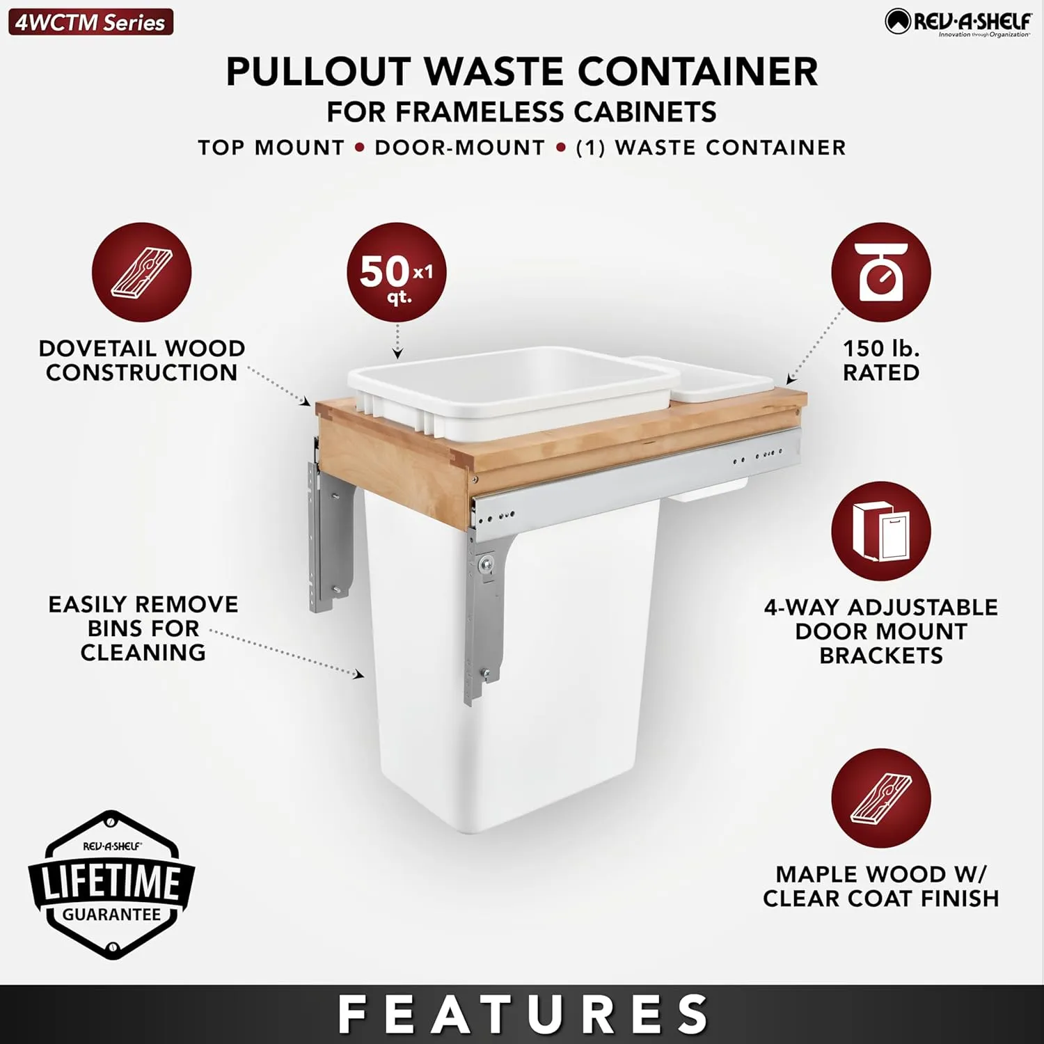 Rev-A-Shelf Single Pullout Trash Can for Full Height Kitchen Cabinet 50 Quart 12.5 Gallon, Top Mount 13.5 Inch Wide, White, 4WCTM-1550DM1-343-FL