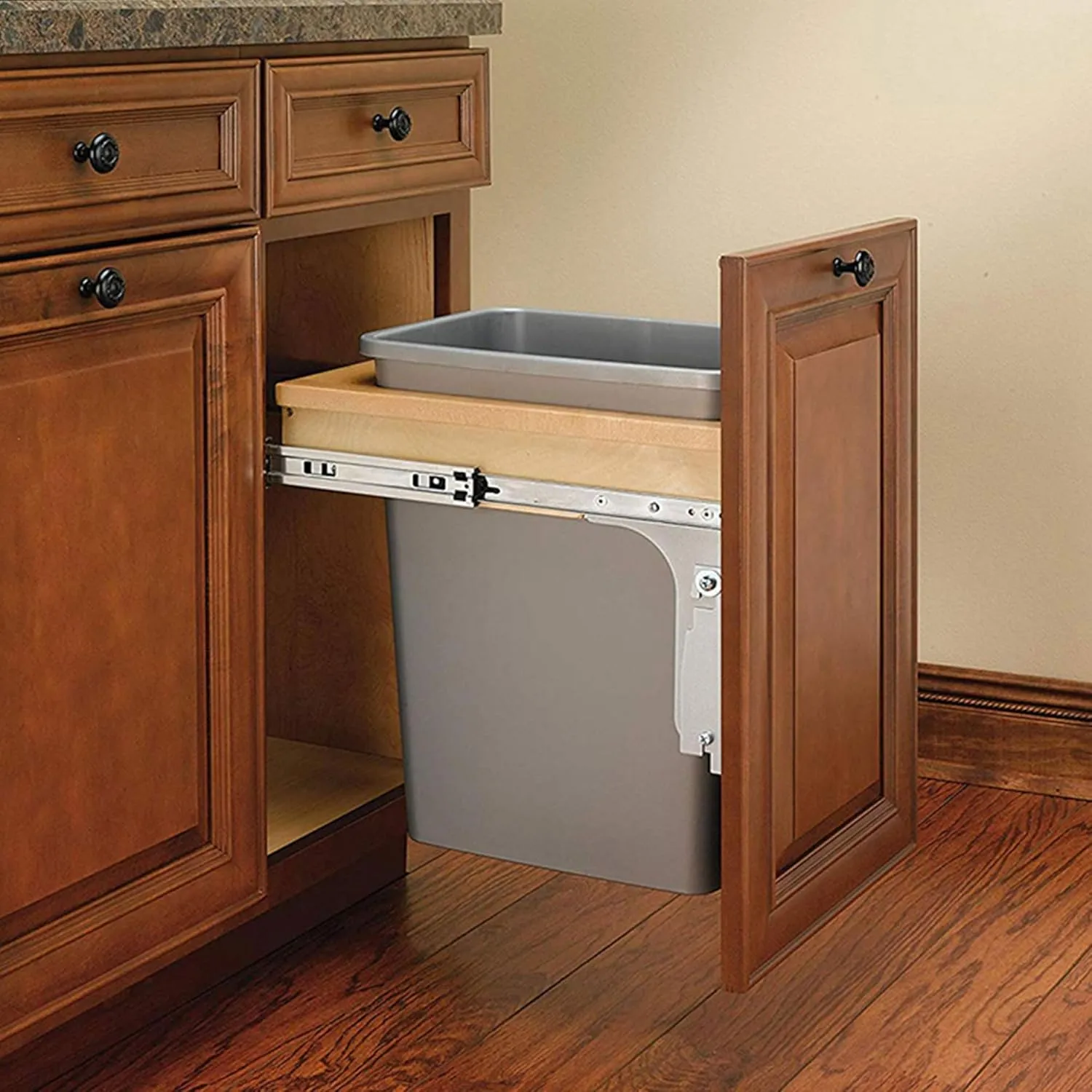 Rev-A-Shelf Single Pullout Trash Can w/Reduced Depth, 35 Qt Wood Top Mount Garbage Bin, 12" x 1.5" Face-Frame, Silver, 4WCTM-1516DM-1