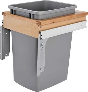 Rev-A-Shelf Single Pullout Trash Can w/Reduced Depth, 35 Qt Wood Top Mount Garbage Bin, 12" x 1.5" Face-Frame, Silver, 4WCTM-1516DM-1