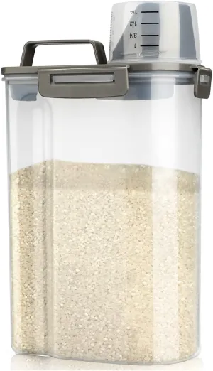 Rice Airtight Storage Container, 3 to 5Lbs Cereal Dry Food Flour Bin, Pet Dog Cat Food Dispenser with Measuring Cup, BPA Free Clear Plastic Kitchen and Pantry Organization Bin for Sugar