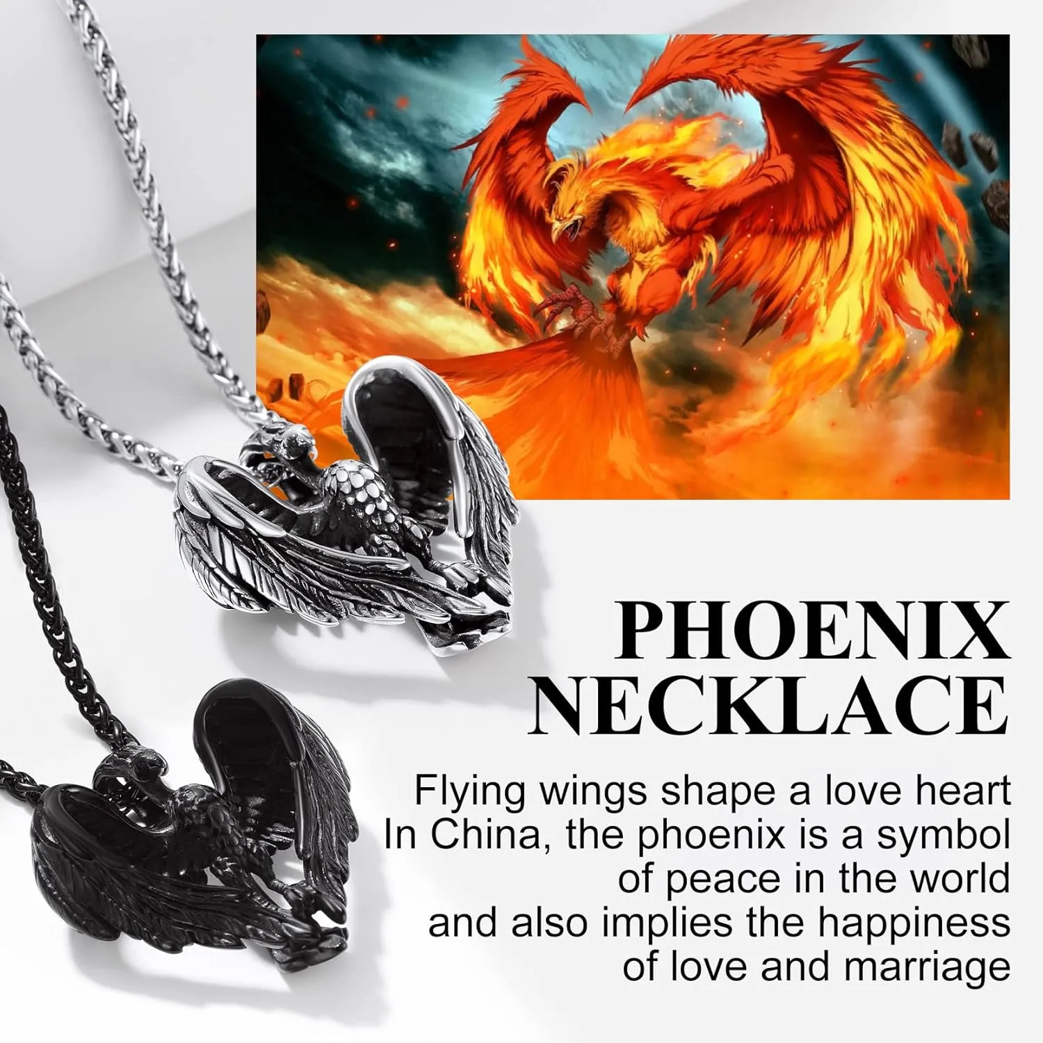 Richsteel Stainless Steel Phoenix/Angel Wings Cross/Raven Pendant Necklace for Men and Women Vintage Viking Jewelry