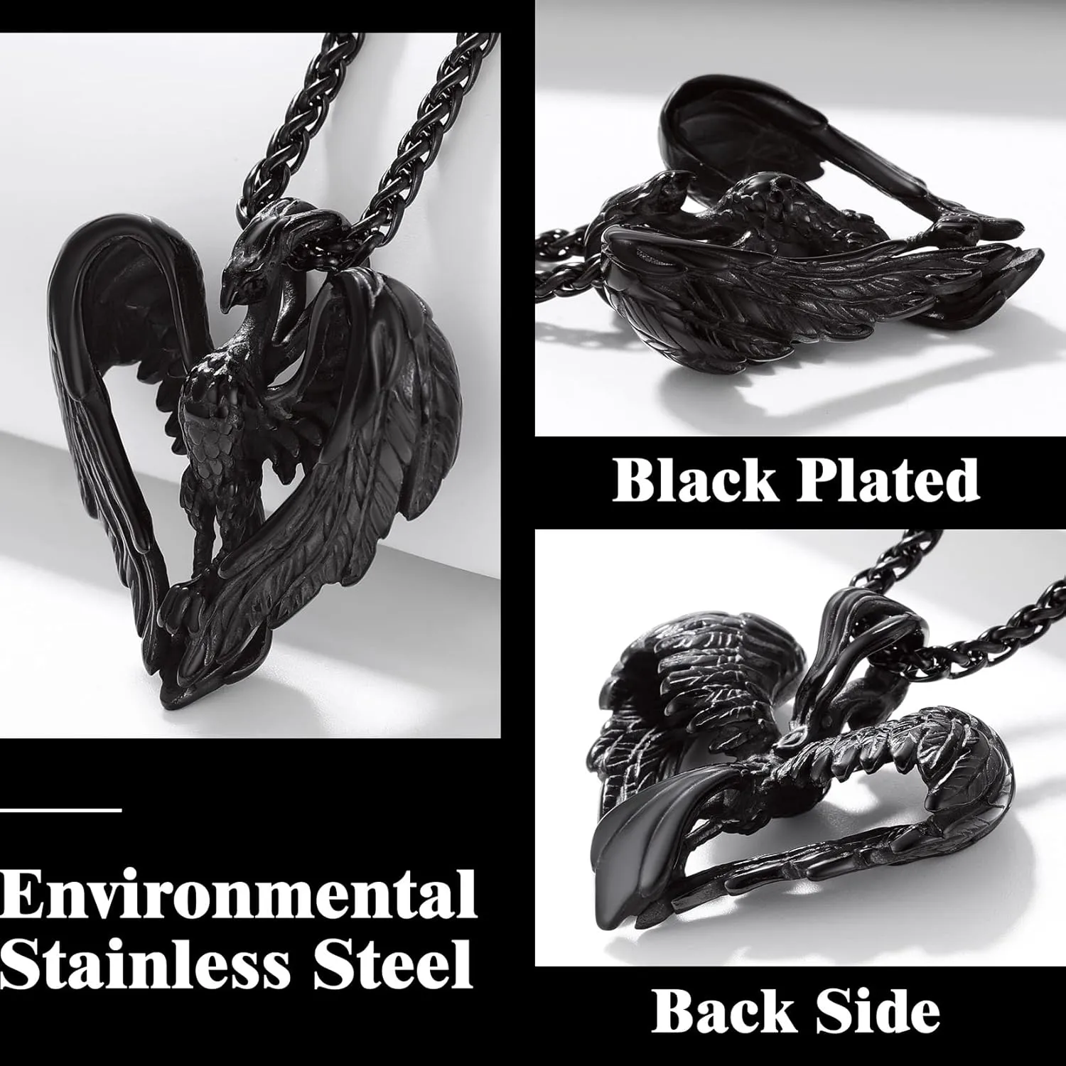Richsteel Stainless Steel Phoenix/Angel Wings Cross/Raven Pendant Necklace for Men and Women Vintage Viking Jewelry