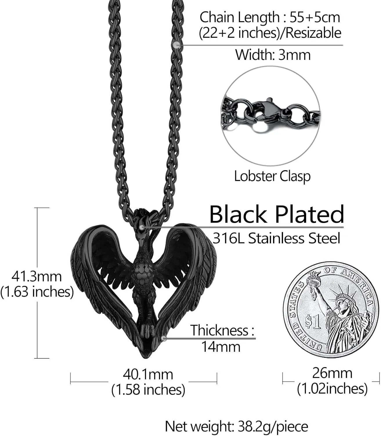Richsteel Stainless Steel Phoenix/Angel Wings Cross/Raven Pendant Necklace for Men and Women Vintage Viking Jewelry