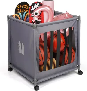 Rolling Sports Ball Storage Cart with Wheels Sports Lockable Ball Storage Locker with Elastic Straps for Garage Storage, Gym