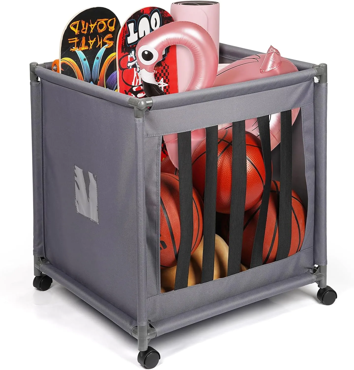 Rolling Sports Ball Storage Cart with Wheels Sports Lockable Ball Storage Locker with Elastic Straps for Garage Storage, Gym