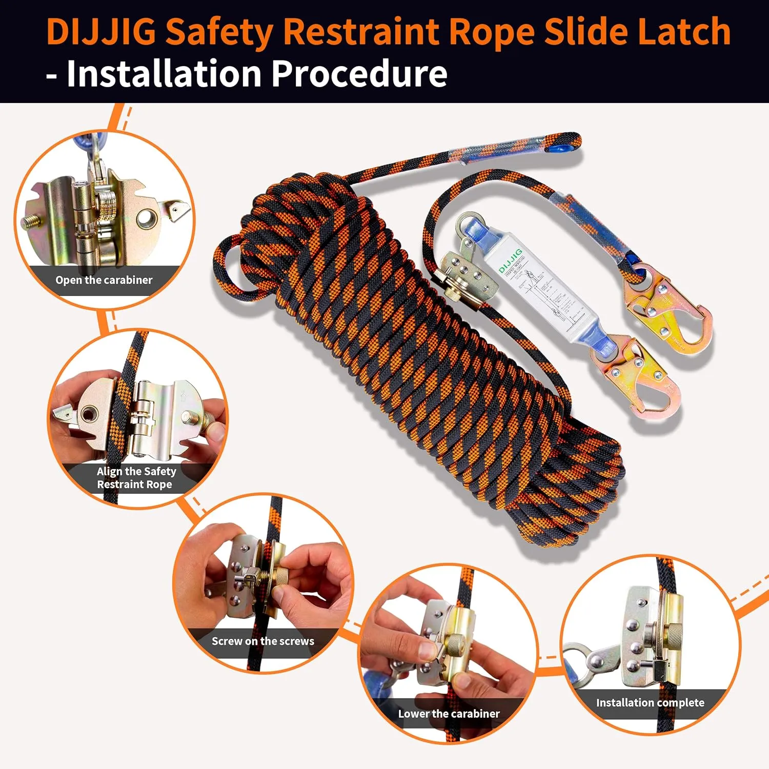Rope Harness Safety Lanyard 100ft Vertical Roofing Rope with Grab Snap Hooks Shock Absorber Fall Protection Tree Climbing Line Kit Heavy Duty Roof Safety Equipment ANSI CE