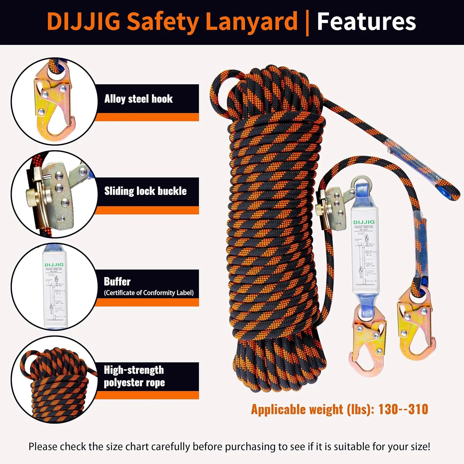 Rope Harness Safety Lanyard 100ft Vertical Roofing Rope with Grab Snap Hooks Shock Absorber Fall Protection Tree Climbing Line Kit Heavy Duty Roof Safety Equipment ANSI CE