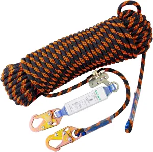 Rope Harness Safety Lanyard 100ft Vertical Roofing Rope with Grab Snap Hooks Shock Absorber Fall Protection Tree Climbing Line Kit Heavy Duty Roof Safety Equipment ANSI CE