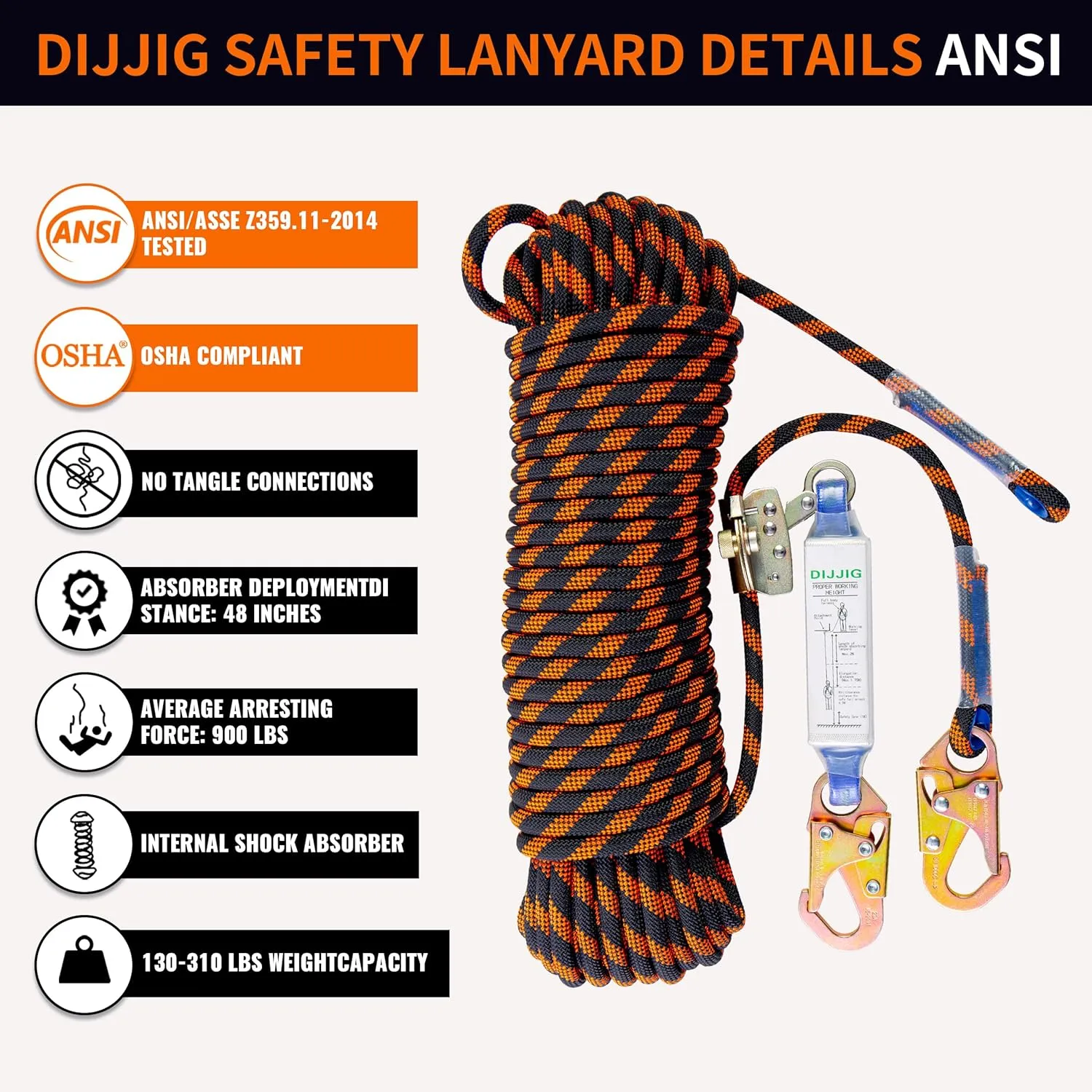 Rope Harness Safety Lanyard 100ft Vertical Roofing Rope with Grab Snap Hooks Shock Absorber Fall Protection Tree Climbing Line Kit Heavy Duty Roof Safety Equipment ANSI CE