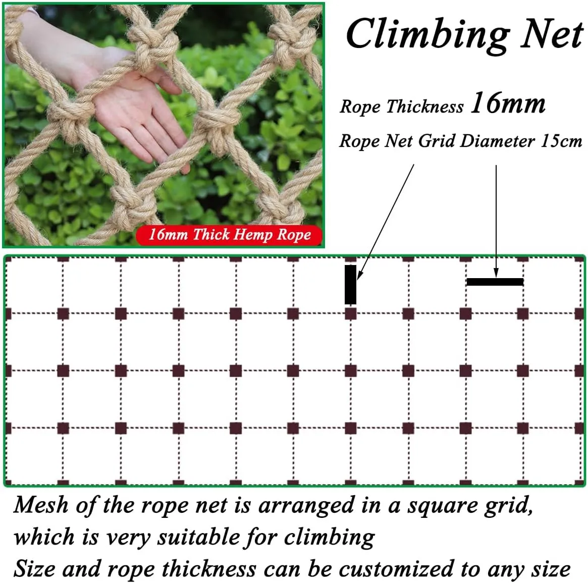 Rope Net Climbing Net,16mm Thick Rope Net for Playground Climbing,Tree House Climbing Child Safety Net Rope Ladder Hammock for Outdoor Heavy Duty Cargo Net(Size:1mx2m)