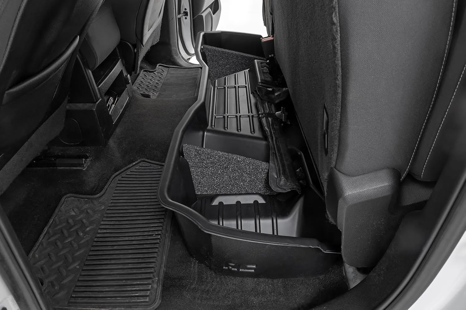 Rough Country Under Seat Storage Box for Chevy Silverado & GMC Sierra 1500/2500HD/3500HD (2007–2019) Double Cab - Custom-Fit Underseat Organizer Tray with Anti-Skid Thermoplastic Design