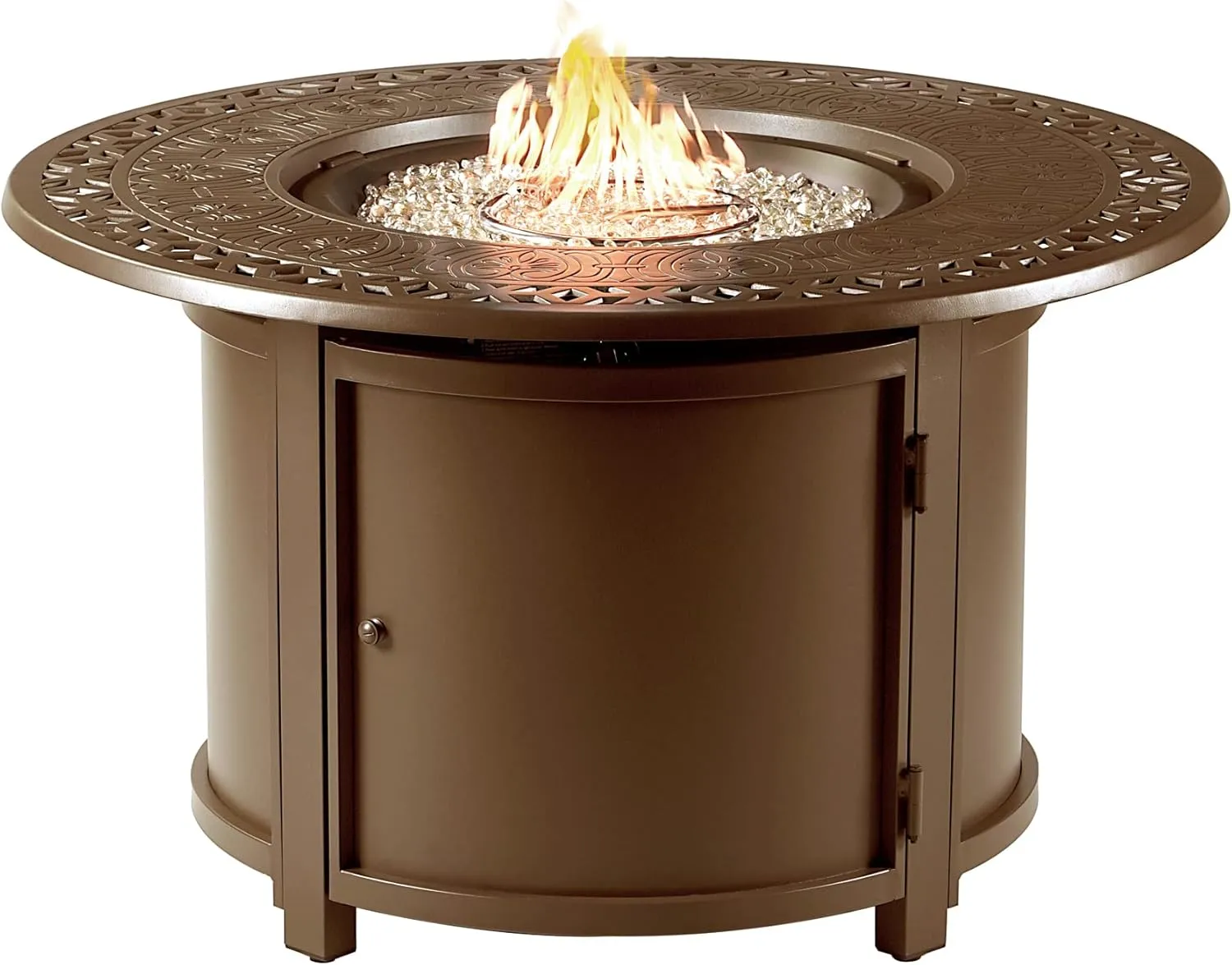 Round 44 in. x 44 in. Aluminum Propane Fire Pit Table with Glass Beads, Two Covers, Lid, 57,000 BTUs in Brown Finish