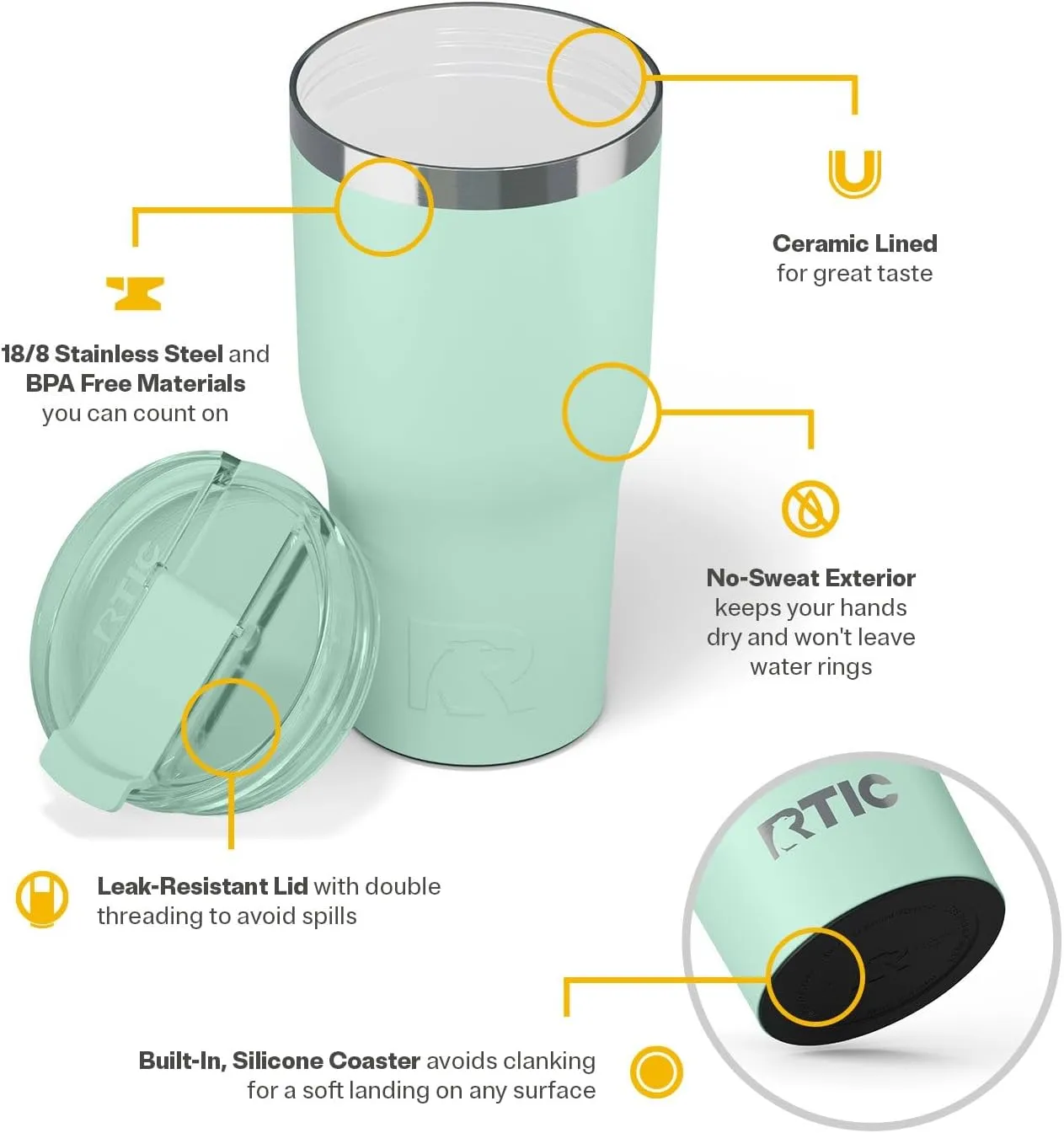 RTIC 30oz Essential Tumbler with Lid, Insulated, Stainless Steel, Metal, Double Wall Vacuum-Insulation, Ceramic Lined, Travel Cup for Iced Coffee, Tea, Hot and Cold Drink, Fresh Mint