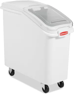 Rubbermaid Commercial Products ProSave Shelf-Storage Ingredient Bin With Scoop 400-Cup Capacity Plastic White Sliding Lid Container with Wheels for Kitchen/Restaurant/Food Organization