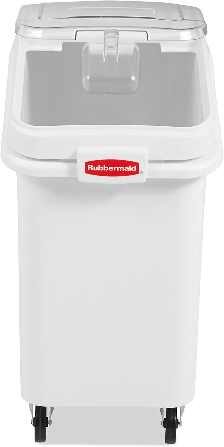 Rubbermaid Commercial Products ProSave Shelf-Storage Ingredient Bin With Scoop, 500-Cup capacity, Plastic, White, Sliding Lid, Container with Wheels for Kitchen/Restaurant Food Organization