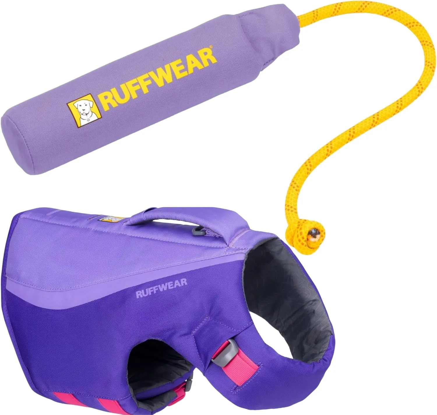 Ruffwear, Float Coat Dog Life Jacket & Lunker Toy Bundle – Adjustable Dog Life Vest for Swimming with Floating Tug Toy for Fetch & Water Play, for Small, Medium & Large Dogs, Purple Lily, Large