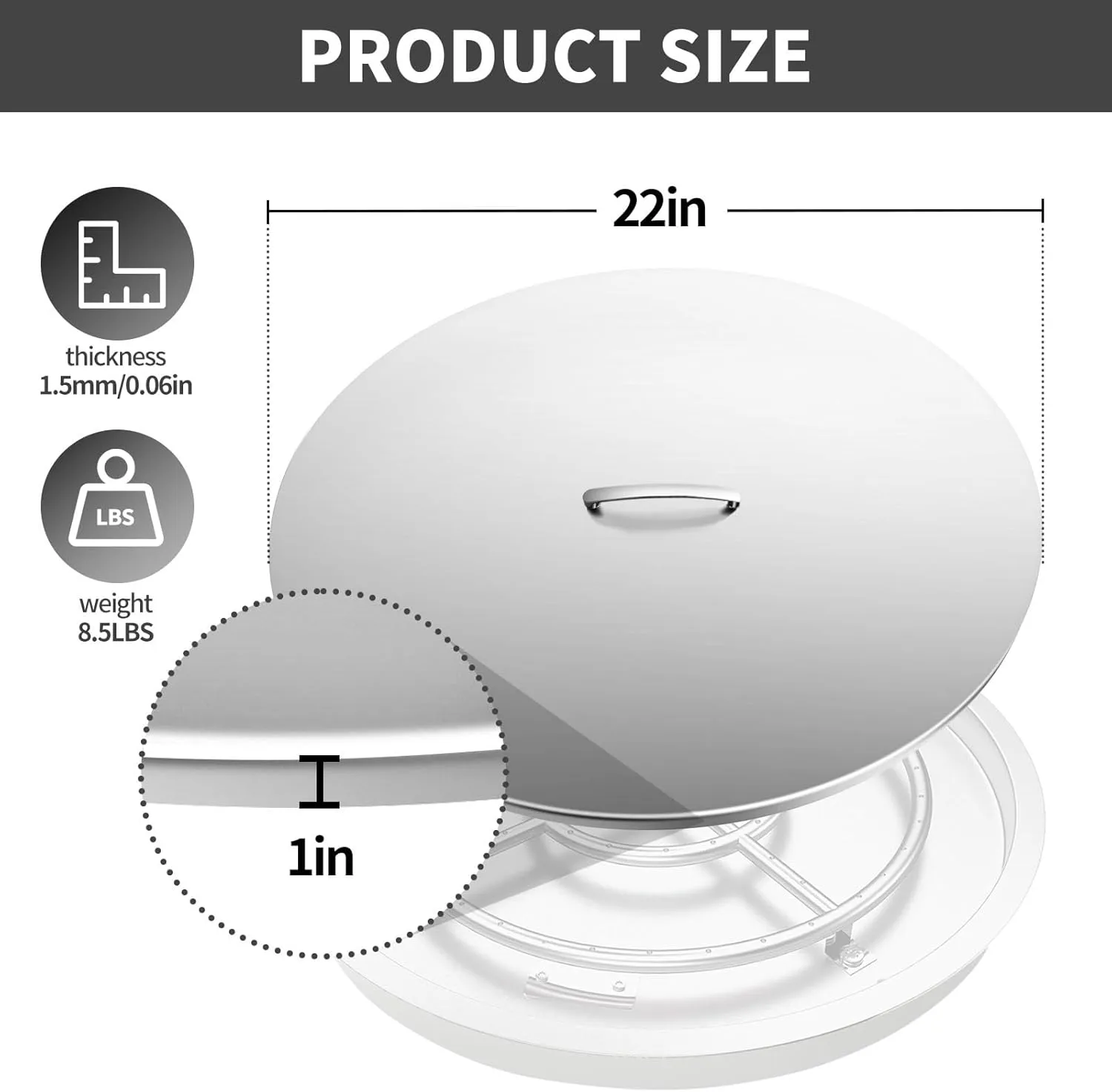 RYFT Fire Pit Lid Round, 22'' Fire Pit Lid, 304 Stainless Steel Fire Pit Cover, Fits 18" and 19" Round Drop in Fire Pit Pan