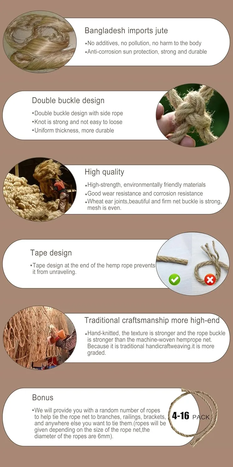 Safety Hemp Rope Net Kids Climbing Safety Net Tree House Climbing Children Safety Rope Net Balcony Stairs Fence Railing Garden Playground Protection Heavy Duty Net Indoor & Outdoor Decor Rope Net(8mm)