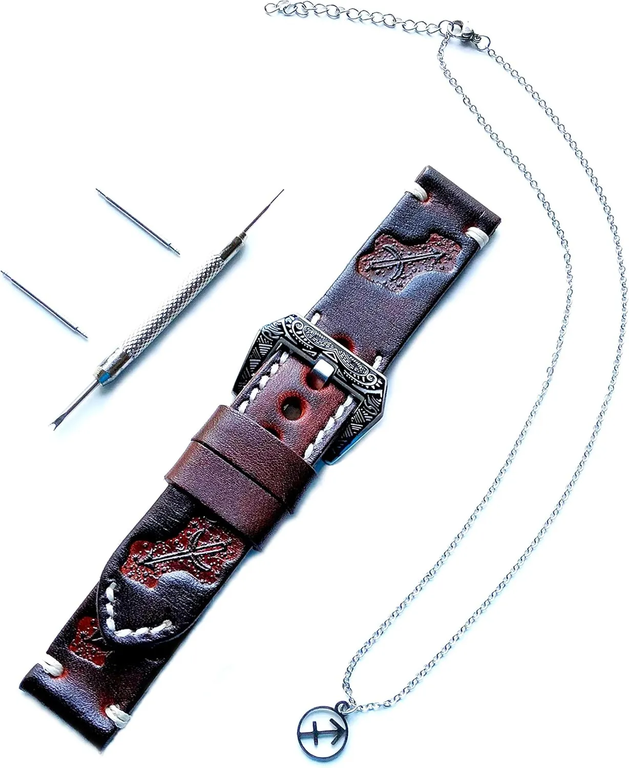 Sagittarius Zodiac Set Genuine Brown Leather 22mm Tooled Embossed Crafted Band Strap Bracelet Watch Kit for Watches and 25" Inch Pendant Necklace