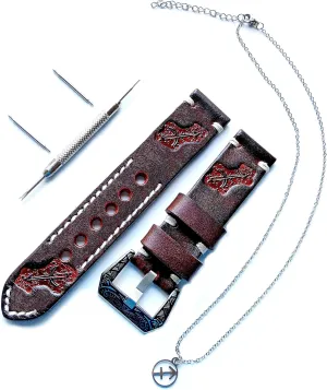 Sagittarius Zodiac Set Genuine Brown Leather 22mm Tooled Embossed Crafted Band Strap Bracelet Watch Kit for Watches and 25" Inch Pendant Necklace