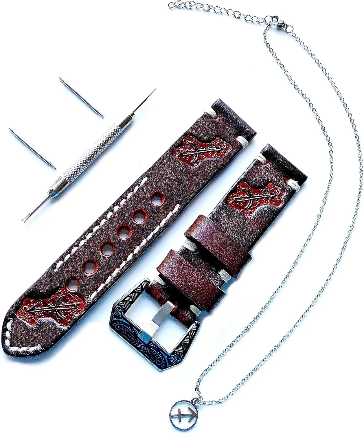 Sagittarius Zodiac Set Genuine Brown Leather 22mm Tooled Embossed Crafted Band Strap Bracelet Watch Kit for Watches and 25" Inch Pendant Necklace