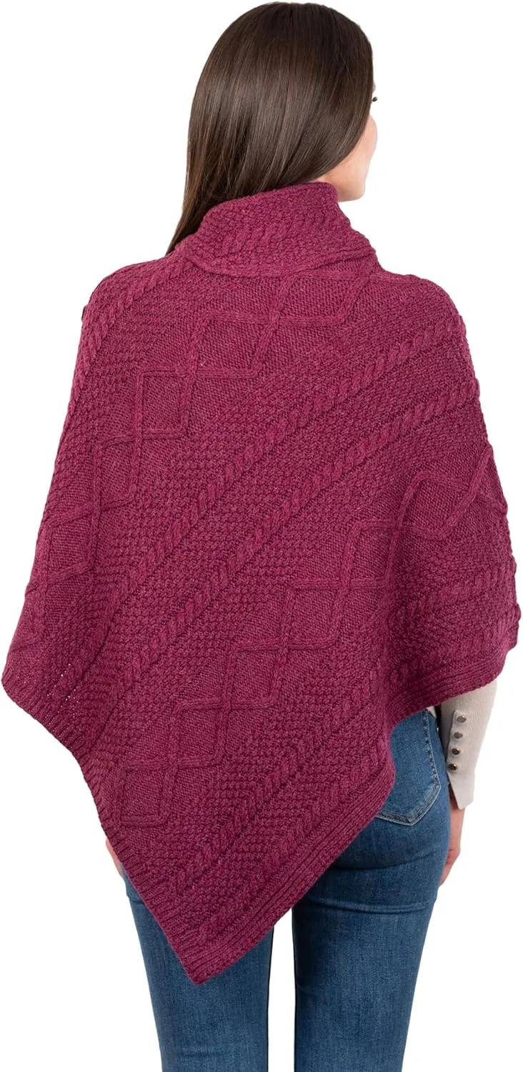 SAOL Wool Women's Poncho with Celtic Buttons Cable Knit Cardigan Cowl Neck Cape