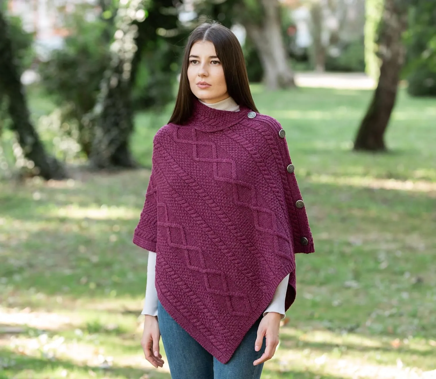 SAOL Wool Women's Poncho with Celtic Buttons Cable Knit Cardigan Cowl Neck Cape