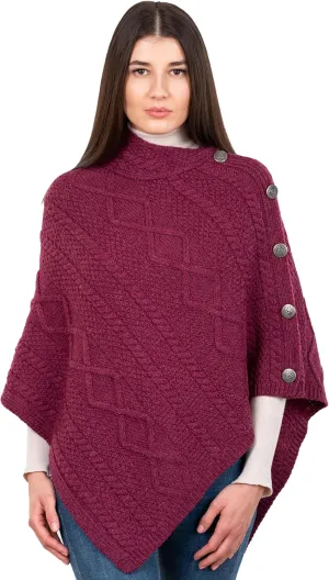 SAOL Wool Women's Poncho with Celtic Buttons Cable Knit Cardigan Cowl Neck Cape