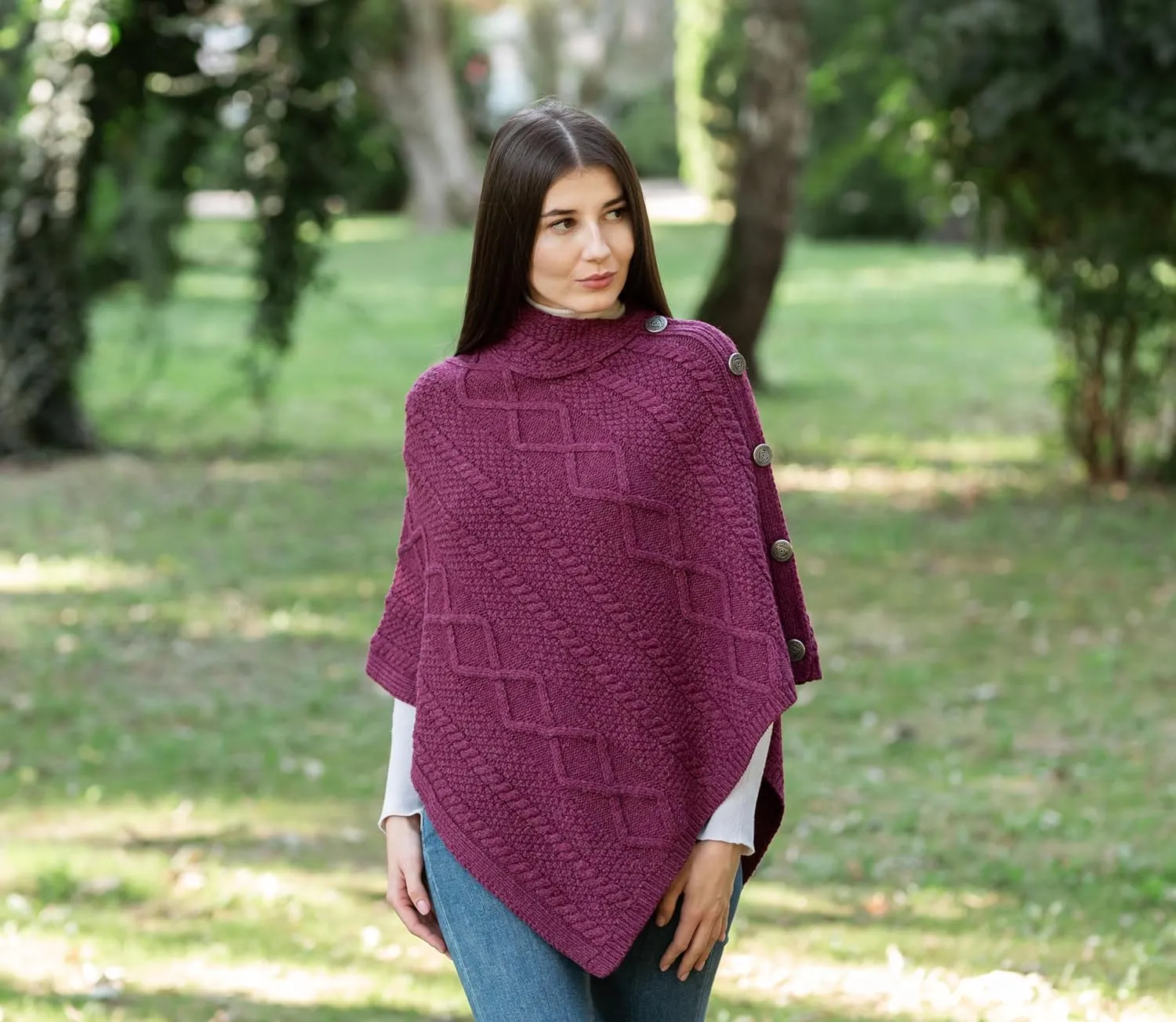 SAOL Wool Women's Poncho with Celtic Buttons Cable Knit Cardigan Cowl Neck Cape