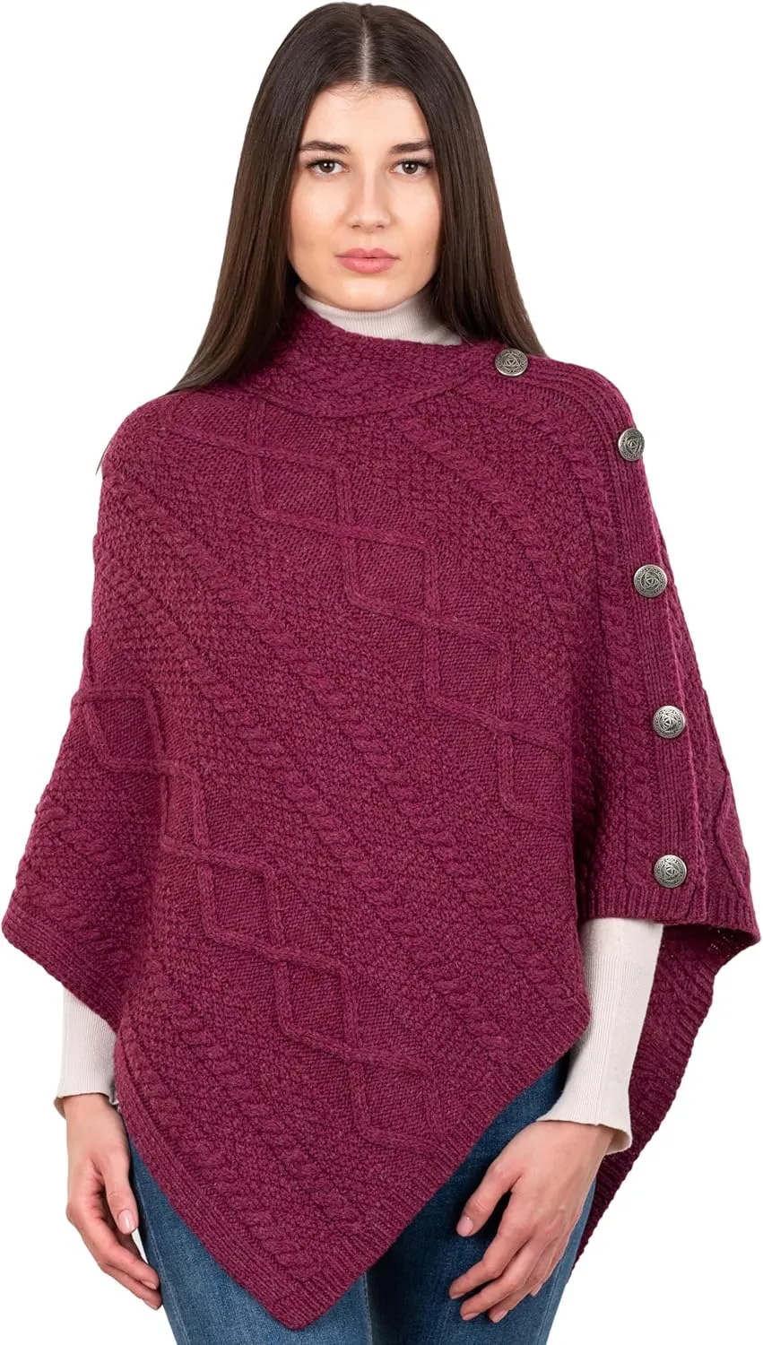 SAOL Wool Women's Poncho with Celtic Buttons Cable Knit Cardigan Cowl Neck Cape