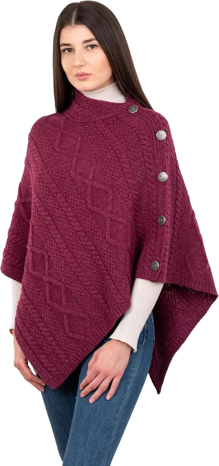 SAOL Wool Women's Poncho with Celtic Buttons Cable Knit Cardigan Cowl Neck Cape