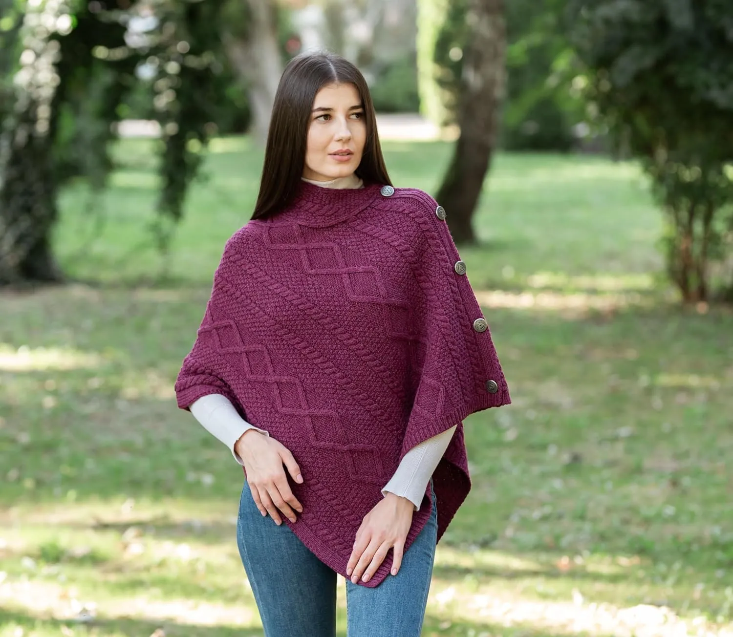 SAOL Wool Women's Poncho with Celtic Buttons Cable Knit Cardigan Cowl Neck Cape