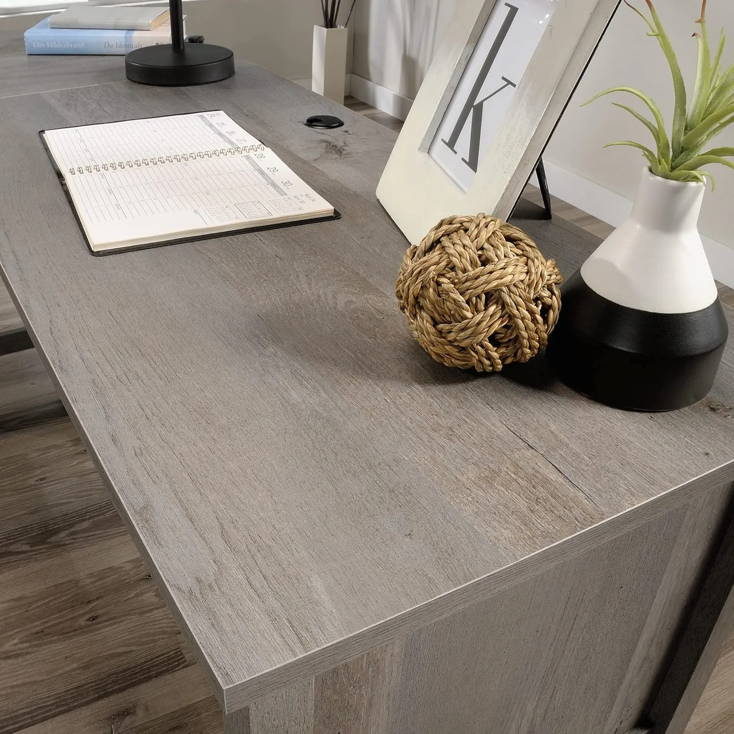Sauder Cottage Road L Shaped Desk Computer Desk with Drawers, Home Office Desk with Optional File Cabinet Storage, Cable Management, in Mystic Oak Finish