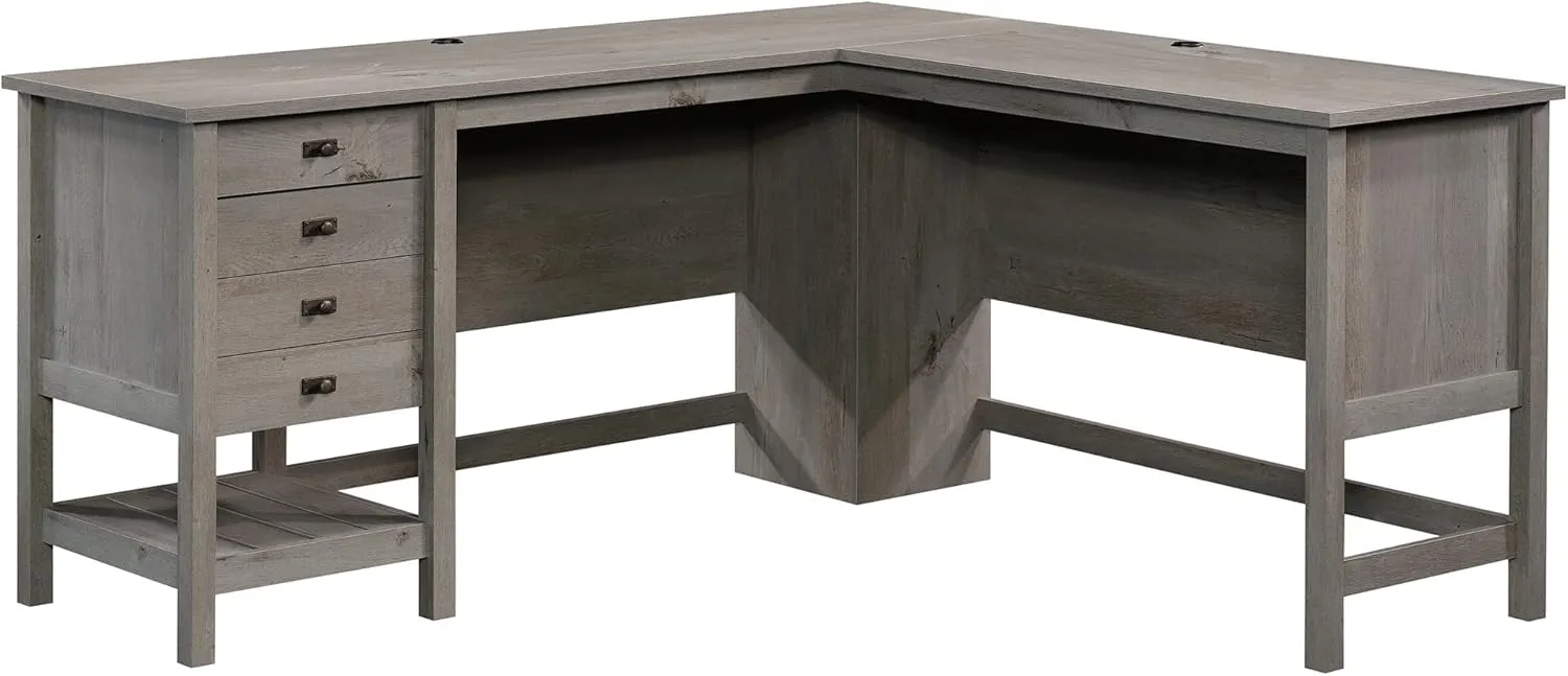 Sauder Cottage Road L Shaped Desk Computer Desk with Drawers, Home Office Desk with Optional File Cabinet Storage, Cable Management, in Mystic Oak Finish