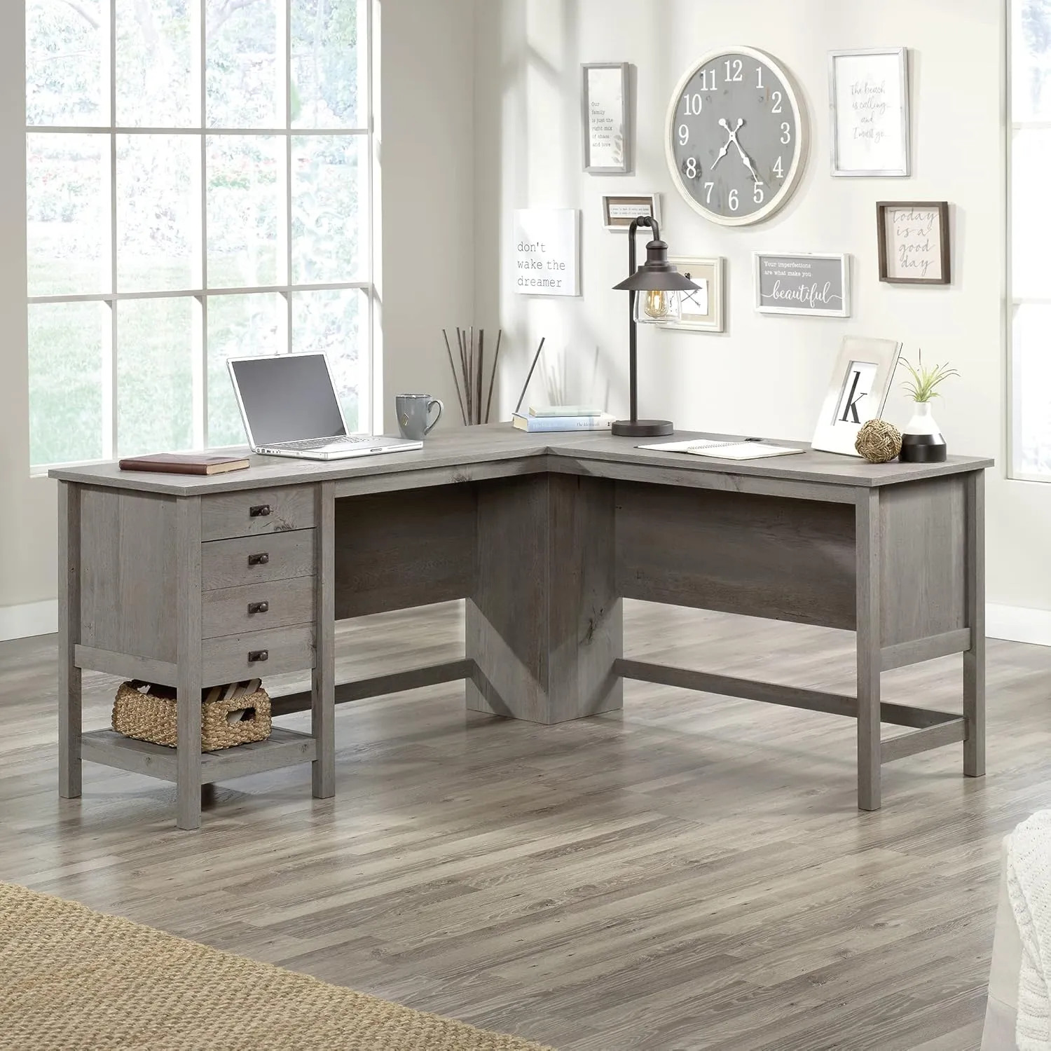 Sauder Cottage Road L Shaped Desk Computer Desk with Drawers, Home Office Desk with Optional File Cabinet Storage, Cable Management, in Mystic Oak Finish