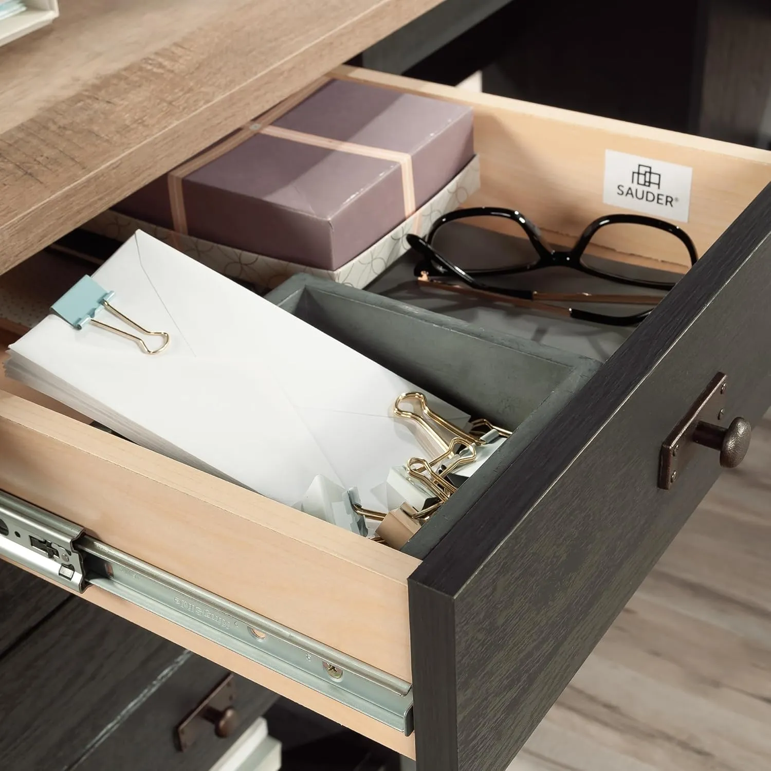 Sauder Cottage Road L Shaped Desk Computer Desk with Drawers, Home Office Desk with Optional File Cabinet Storage, Cable Management, in Raven Oak Finish
