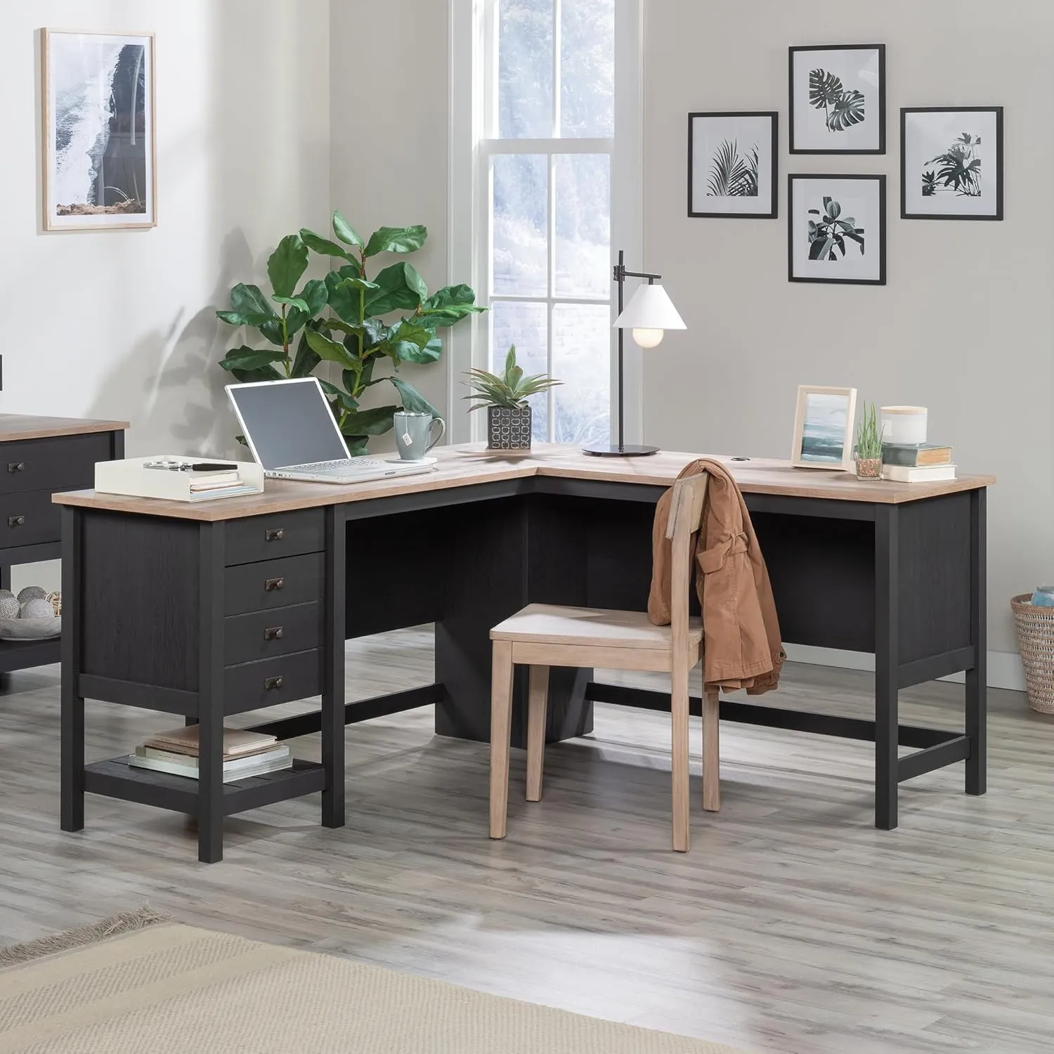 Sauder Cottage Road L Shaped Desk Computer Desk with Drawers, Home Office Desk with Optional File Cabinet Storage, Cable Management, in Raven Oak Finish