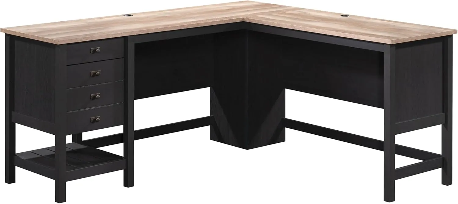 Sauder Cottage Road L Shaped Desk Computer Desk with Drawers, Home Office Desk with Optional File Cabinet Storage, Cable Management, in Raven Oak Finish