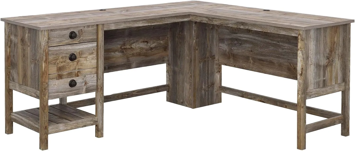 Sauder Granite Trace L Shaped Desk Computer Desk with Drawers, Home Office Desk with Optional File Cabinet Storage, Cable Management, in Rustic Cedar Finish